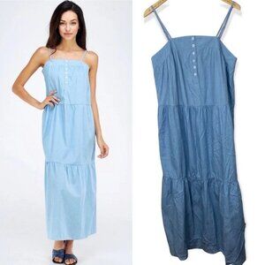 Solution Tiered Square Neck Blue Maxi Dress Beach Size Large Button Placket Boho